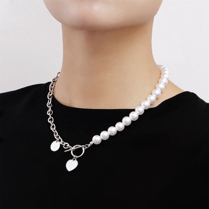 Pearl and White Shell Silver-Plated Asymmetrical Heart Toggle Pendant Necklace, silver pendant necklace for women, side view