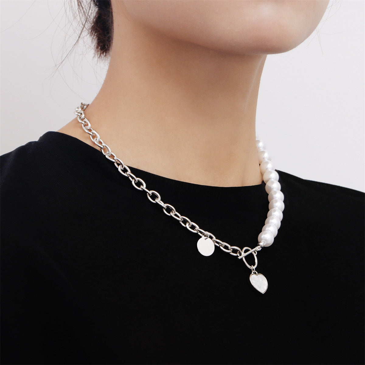 Pearl and White Shell Silver-Plated Asymmetrical Heart Toggle Pendant Necklace, silver pendant necklace..., detail close-up