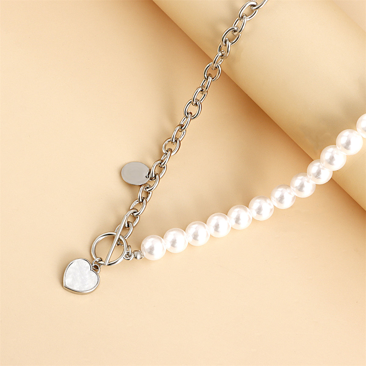 Pearl and White Shell Silver-Plated Asymmetrical Heart Toggle Pendant Necklace, silver pendant necklace..., lifestyle look