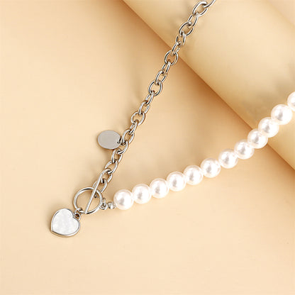 Pearl and White Shell Silver-Plated Asymmetrical Heart Toggle Pendant Necklace, silver pendant necklace..., lifestyle look