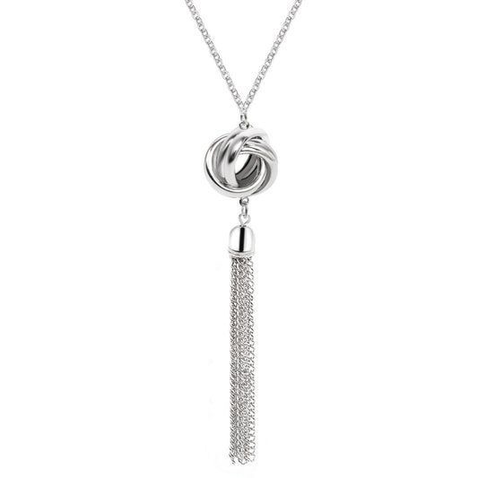 Silver-Plated Round Tassel Pendant Necklace, silver pendant necklace for women, botanical inspired, front view
