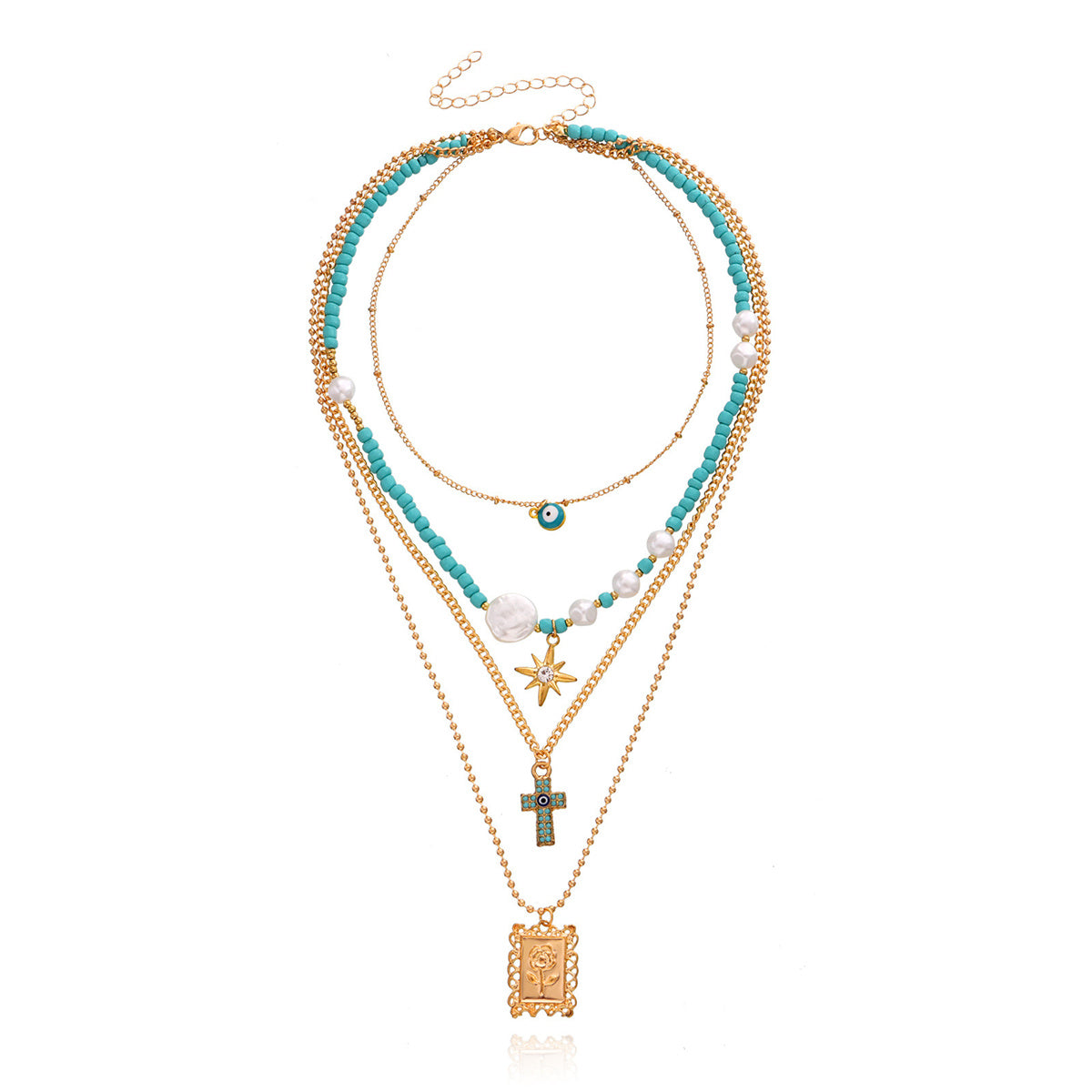 Teal and Cubic Zirconia Rose Card Layered Pendant Necklace, pendant necklace for women, elegant gift for her, side view