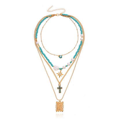 Teal and Cubic Zirconia Rose Card Layered Pendant Necklace, pendant necklace for women, elegant gift for her, side view