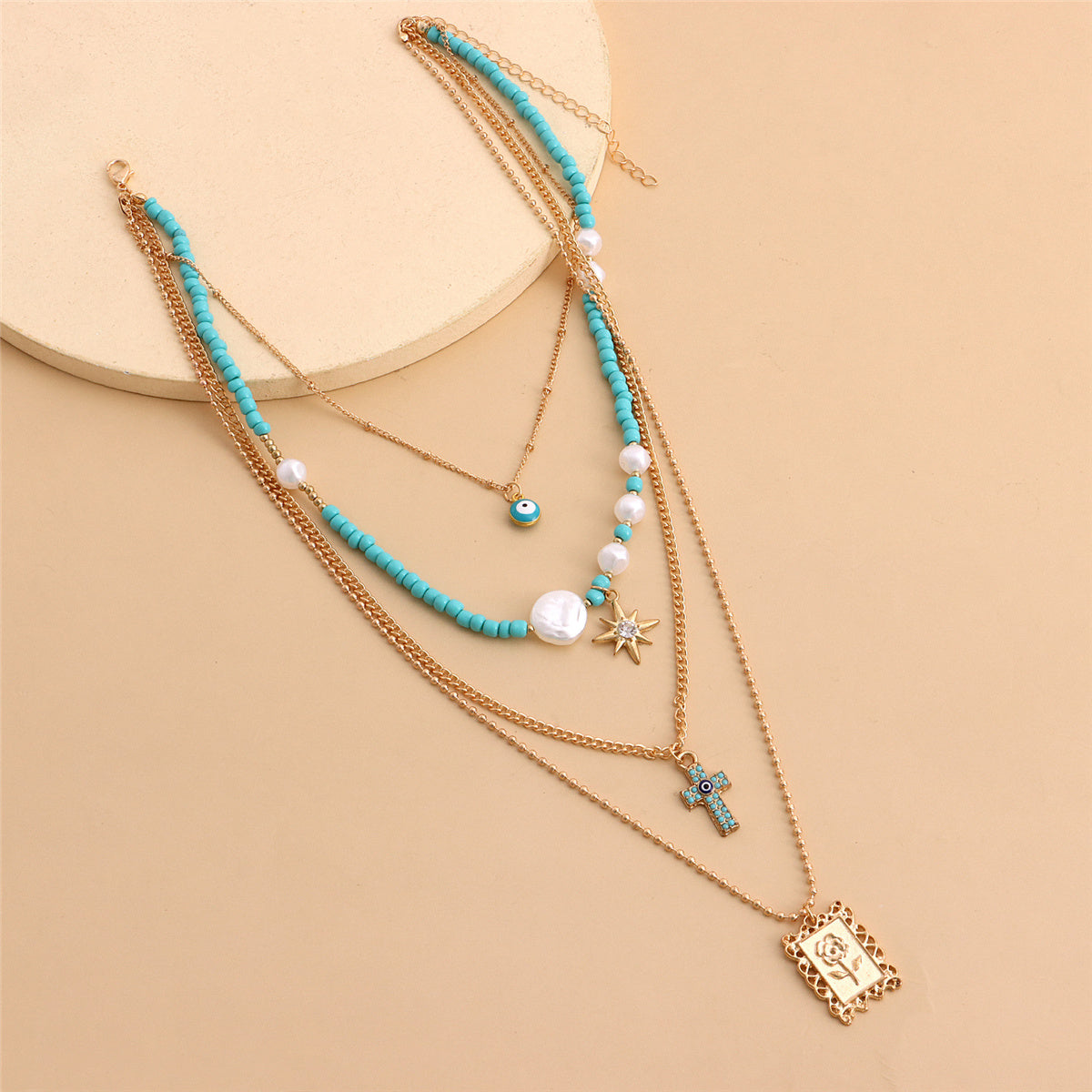 Teal and Cubic Zirconia Rose Card Layered Pendant Necklace, pendant necklace for women, elegant gift for her, detail close-up