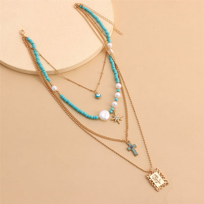 Teal and Cubic Zirconia Rose Card Layered Pendant Necklace, pendant necklace for women, elegant gift for her, detail close-up