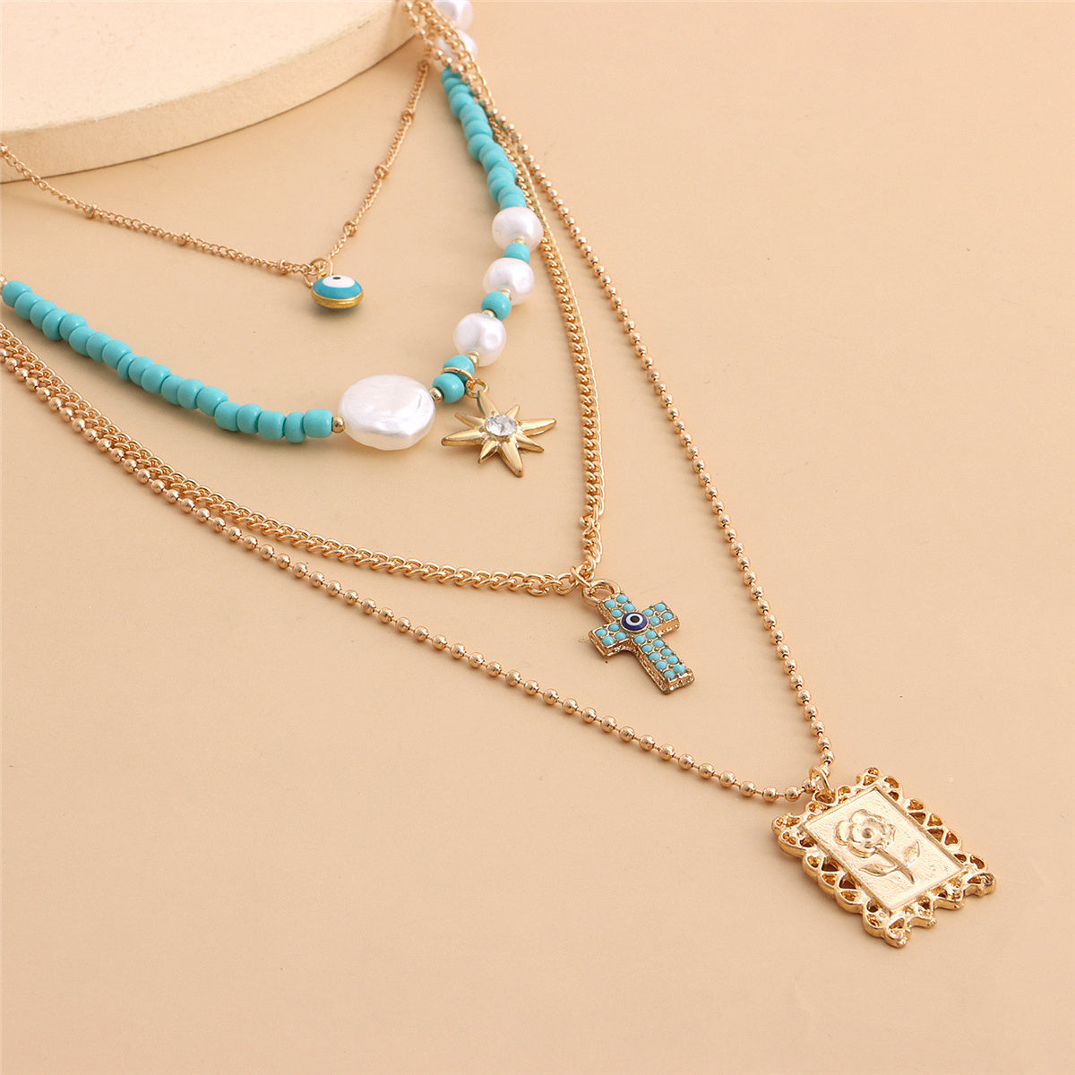 Teal and Cubic Zirconia Rose Card Layered Pendant Necklace, pendant necklace for women, elegant gift for her, lifestyle look