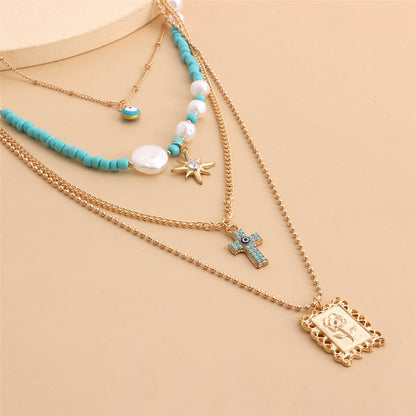 Teal and Cubic Zirconia Rose Card Layered Pendant Necklace, pendant necklace for women, elegant gift for her, lifestyle look