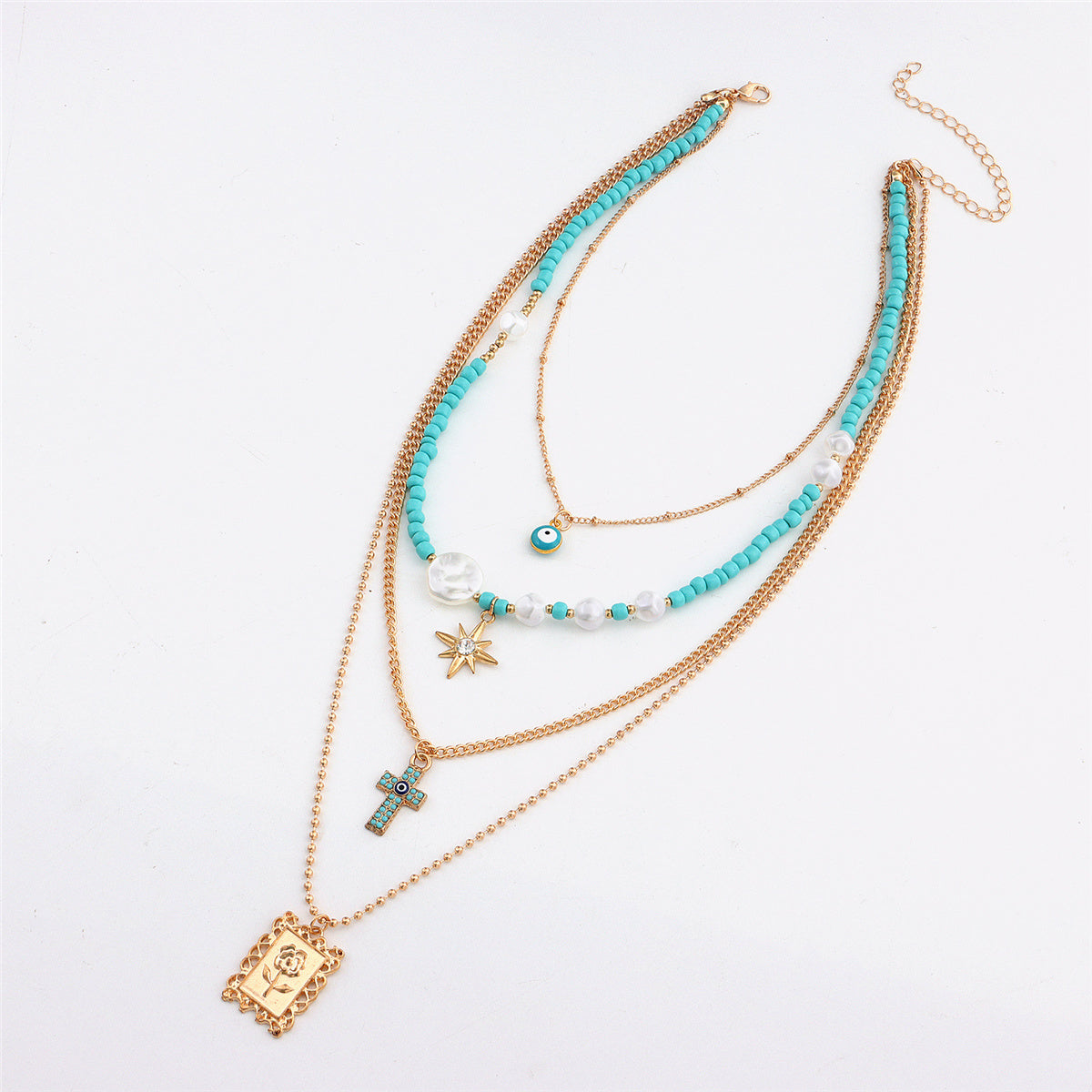 Teal and Cubic Zirconia Rose Card Layered Pendant Necklace, pendant necklace for women, elegant gift for her, styled look