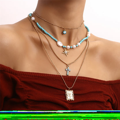 Teal and Cubic Zirconia Rose Card Layered Pendant Necklace, pendant necklace for women, elegant gift for her, front view