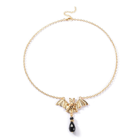 Black Acrylic and 18K Gold-Plated Bat Pendant Necklace, gold pendant necklace for women, everyday style, front view