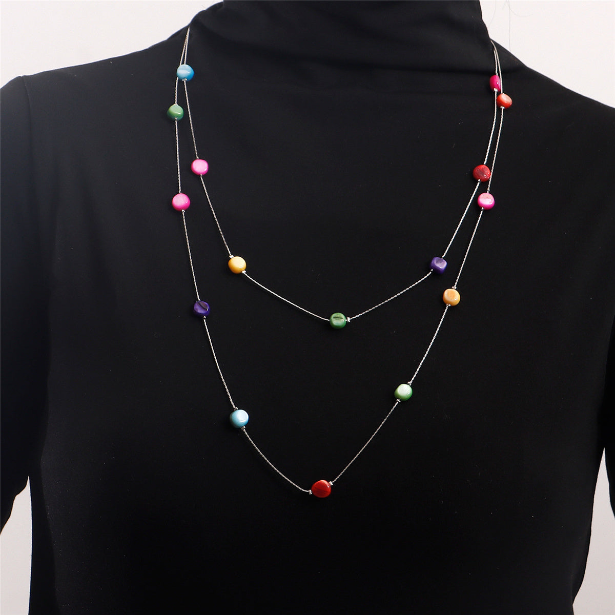 Multicolor Quartz and Silver-Plated Layered Necklace, silver pendant necklace for women, everyday style, side view