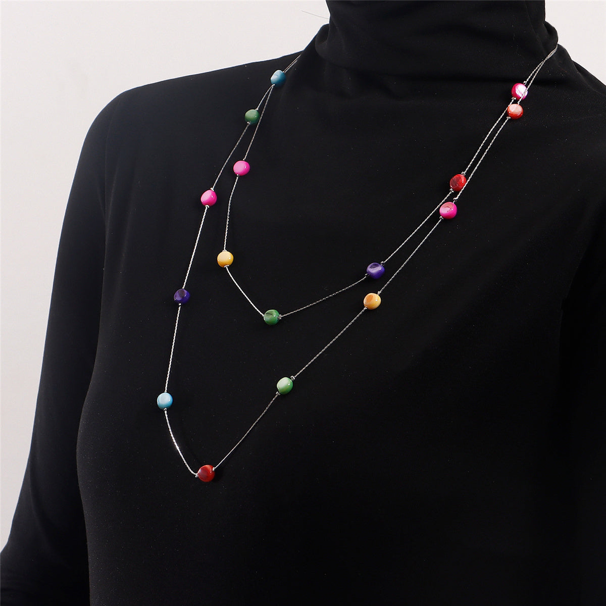 Multicolor Quartz and Silver-Plated Layered Necklace, silver pendant necklace for women, everyday style, front view