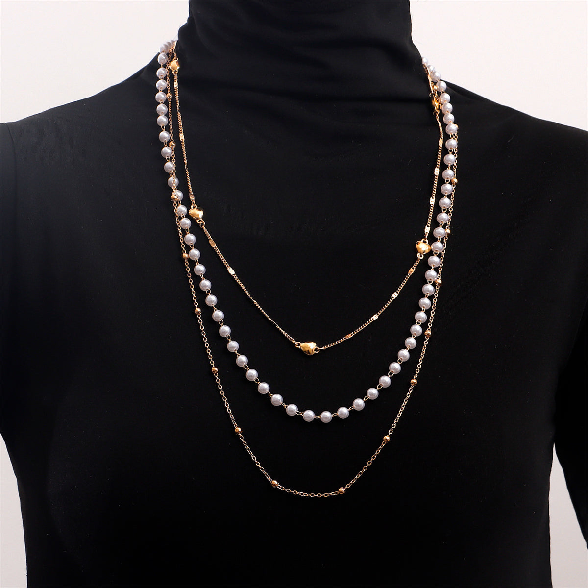 Pearl and 18K Gold-Plated Layered Necklace, gold pendant necklace for women, elegant gift for her, front view