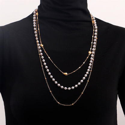 Pearl and 18K Gold-Plated Layered Necklace, gold pendant necklace for women, elegant gift for her, front view