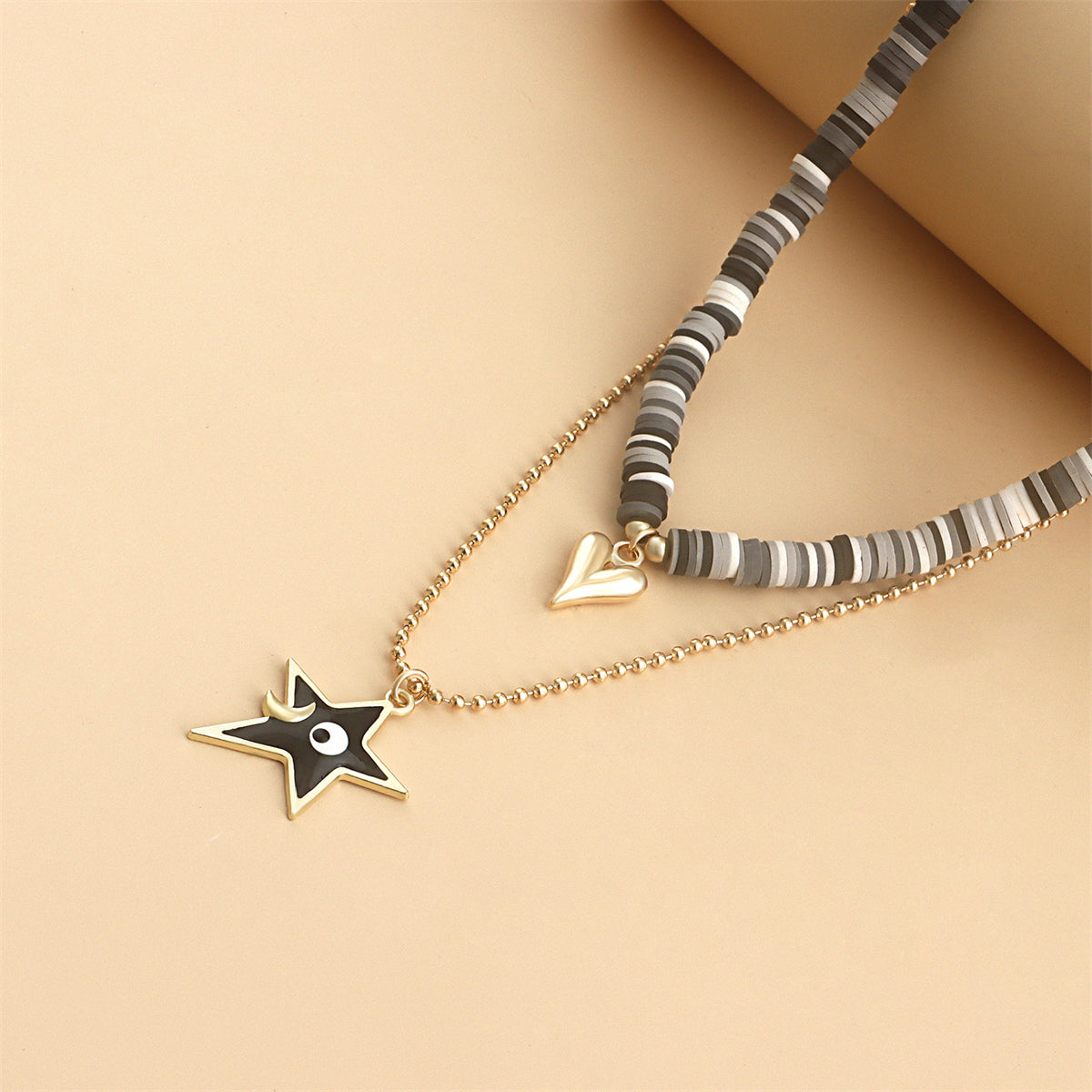 Black Enamel & Polymer Clay 18K Gold-Plated Heart & Star Pendant Necklace Set