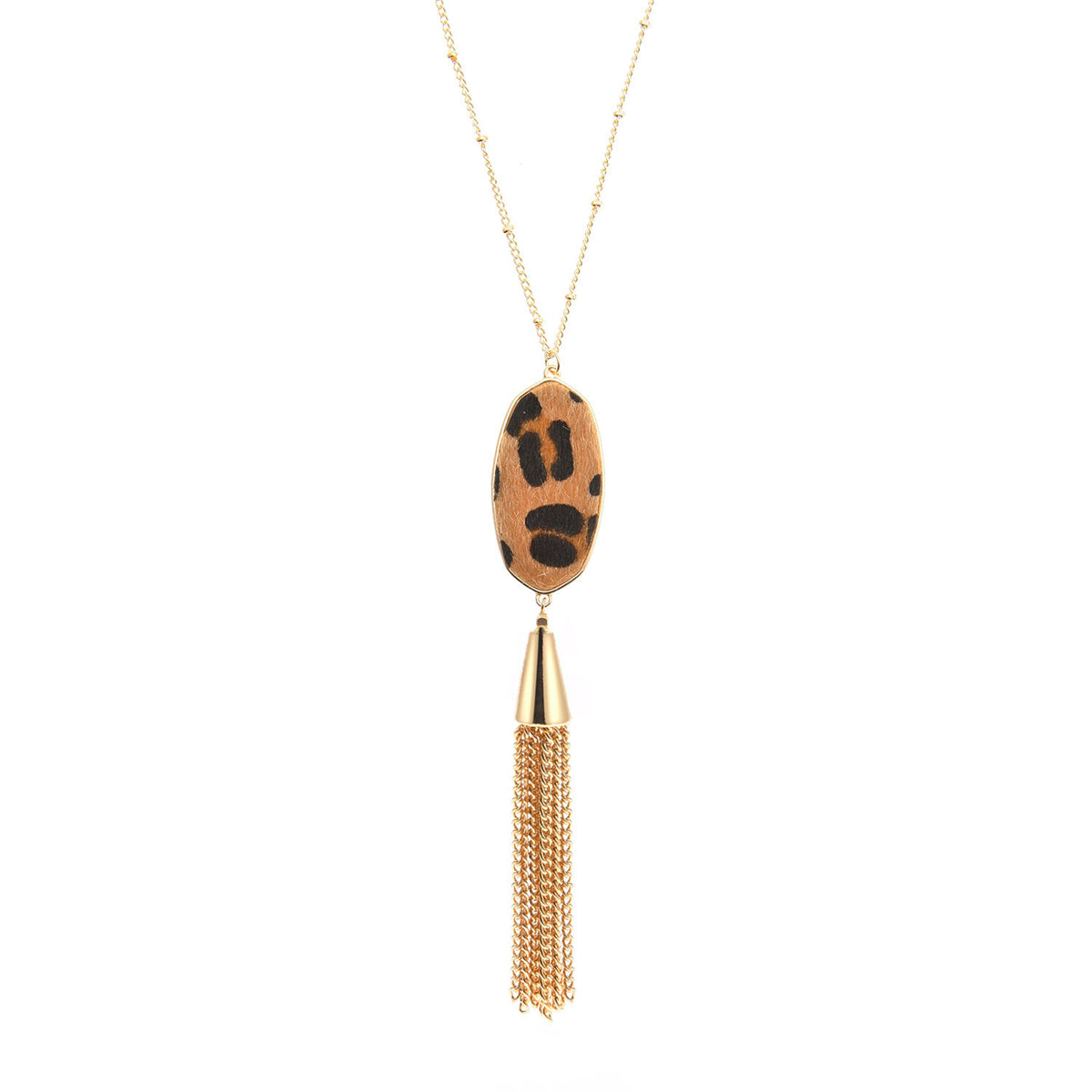Tan Polyurethane and 18K Gold-Plated Slender Oval Tassel Pendant Necklace, gold pendant necklace for women, front view