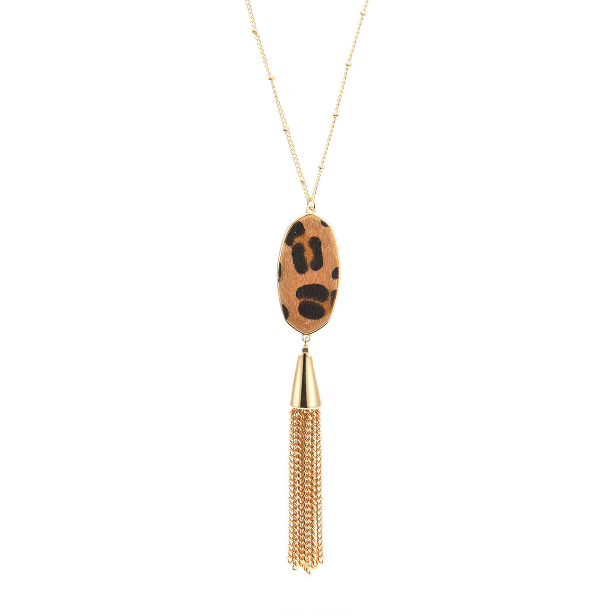Tan Polyurethane & 18K Gold-Plated Slender Oval Tassel Pendant Necklace
