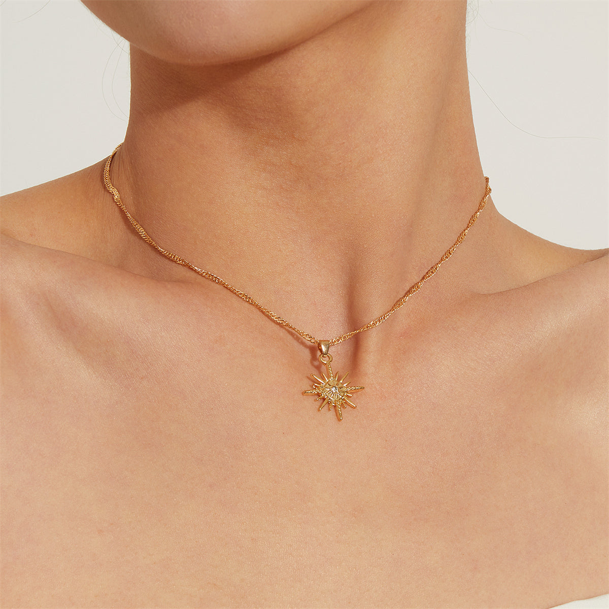 Cubic Zirconia and 18K Gold-Plated Star Pendant Necklace, gold pendant necklace for women, botanical inspired, front view