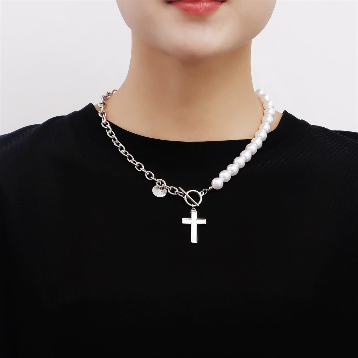 Pearl and Silver-Plated Half-Chain Cross Toggle Necklace, silver pendant necklace for women, elegant gift for her, front view