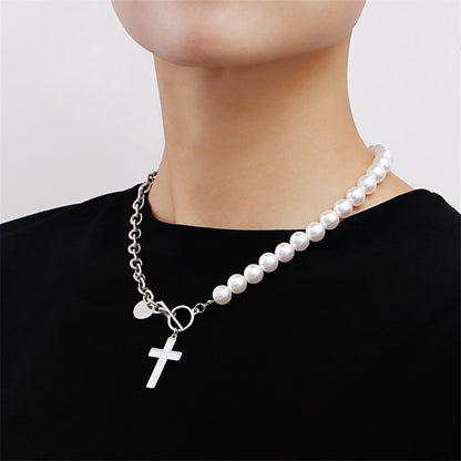 Pearl and Silver-Plated Half-Chain Cross Toggle Necklace, silver pendant necklace for women, elegant gift for her, side view