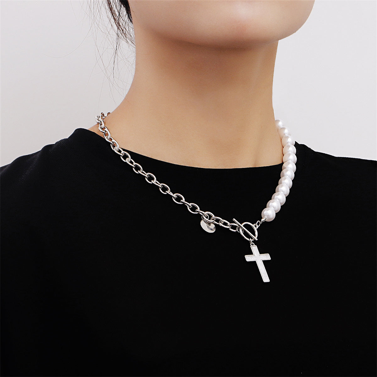 Pearl and Silver-Plated Half-Chain Cross Toggle Necklace, silver pendant necklace for women, detail close-up