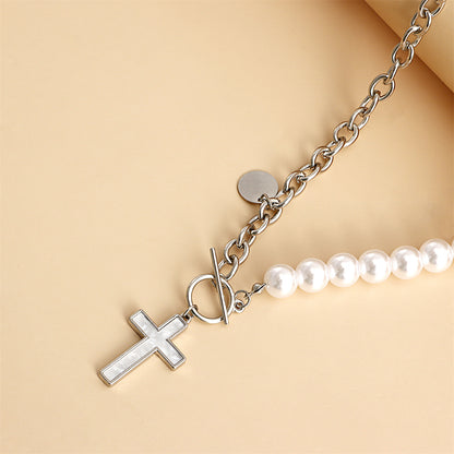 Pearl and Silver-Plated Half-Chain Cross Toggle Necklace, silver pendant necklace for women, styled look