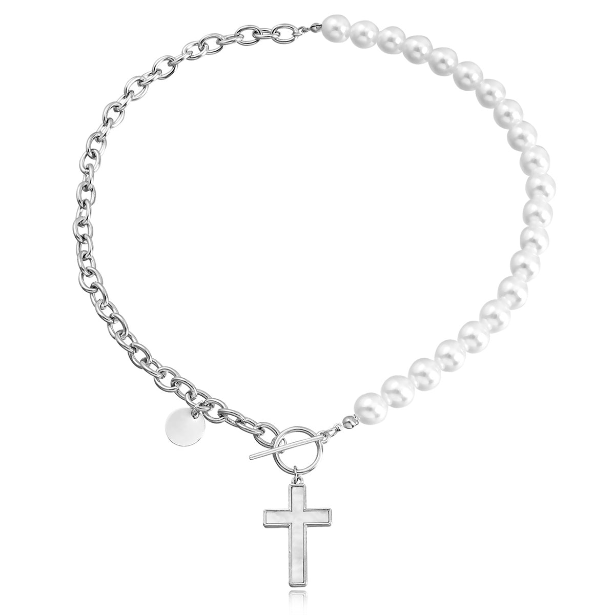 Pearl and Silver-Plated Half-Chain Cross Toggle Necklace, silver pendant necklace for women, lifestyle look