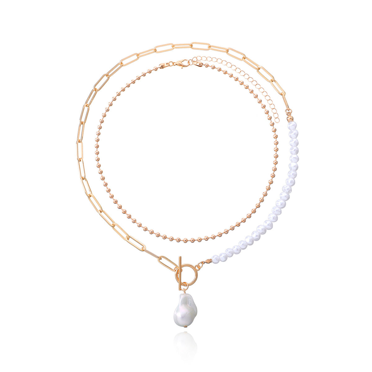 Pearl and 18K Gold-Plated Baroque Toggle Necklace Set, jewelry gift sets for women, everyday style, detail close-up