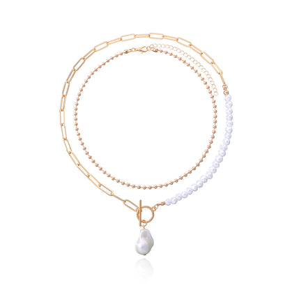 Pearl and 18K Gold-Plated Baroque Toggle Necklace Set, jewelry gift sets for women, everyday style, detail close-up