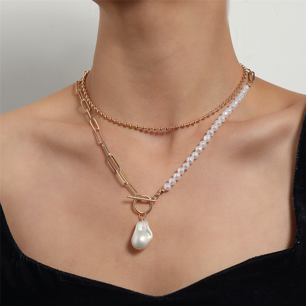 Pearl and 18K Gold-Plated Baroque Toggle Necklace Set, jewelry gift sets for women, everyday style, side view