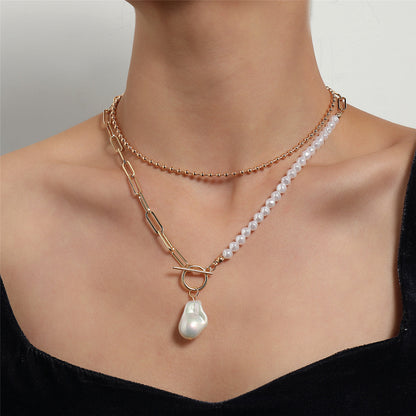 Pearl and 18K Gold-Plated Baroque Toggle Necklace Set, jewelry gift sets for women, everyday style, side view