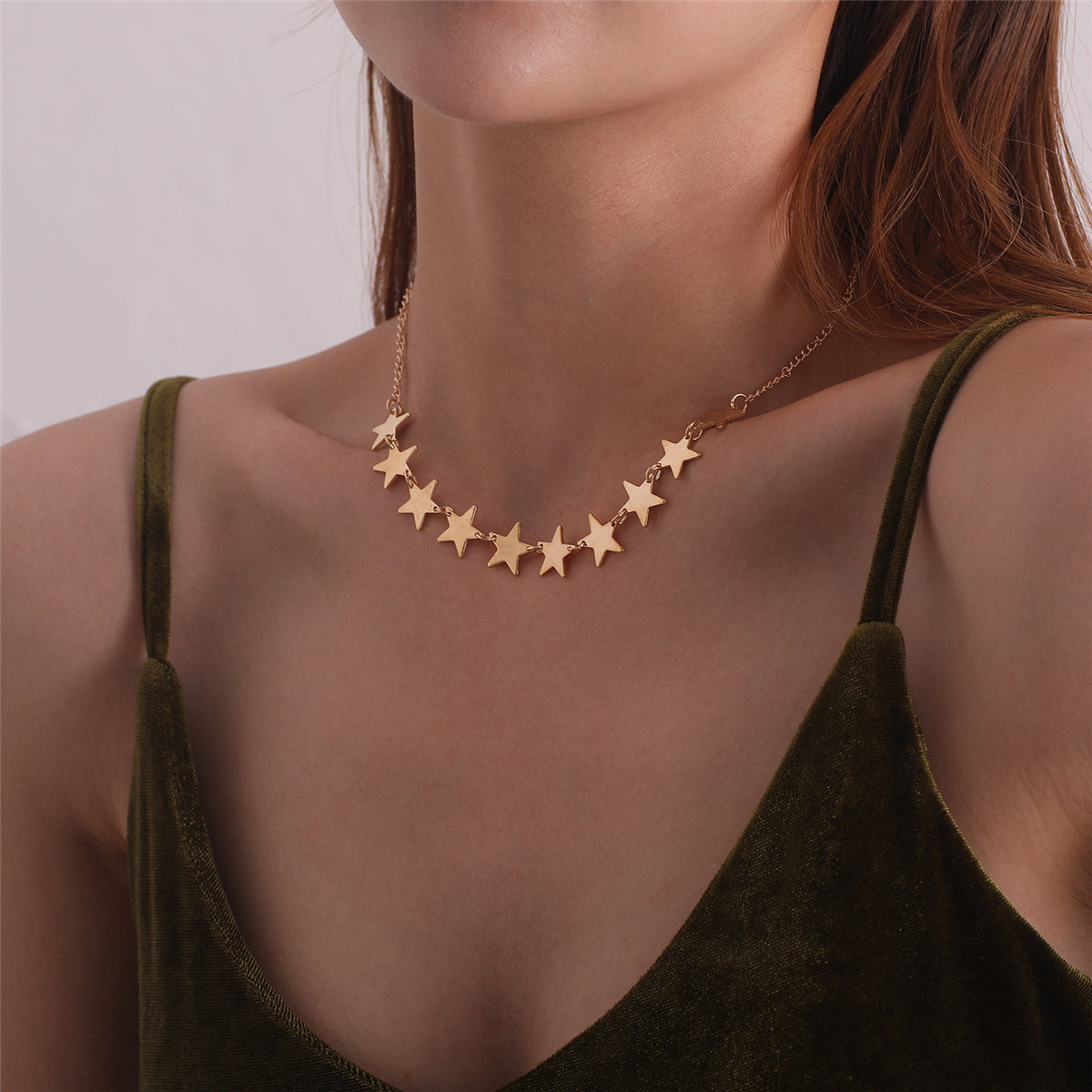 18K Gold-Plated Star Chain Statement Necklace, gold pendant necklace for women, botanical inspired, front view