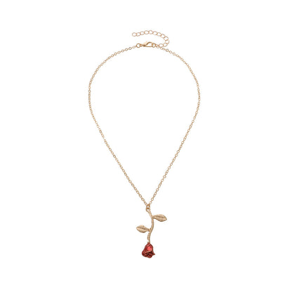 Red Enamel and 18K Gold-Plated Rose Pendant Necklace, gold pendant necklace for women, lifestyle look