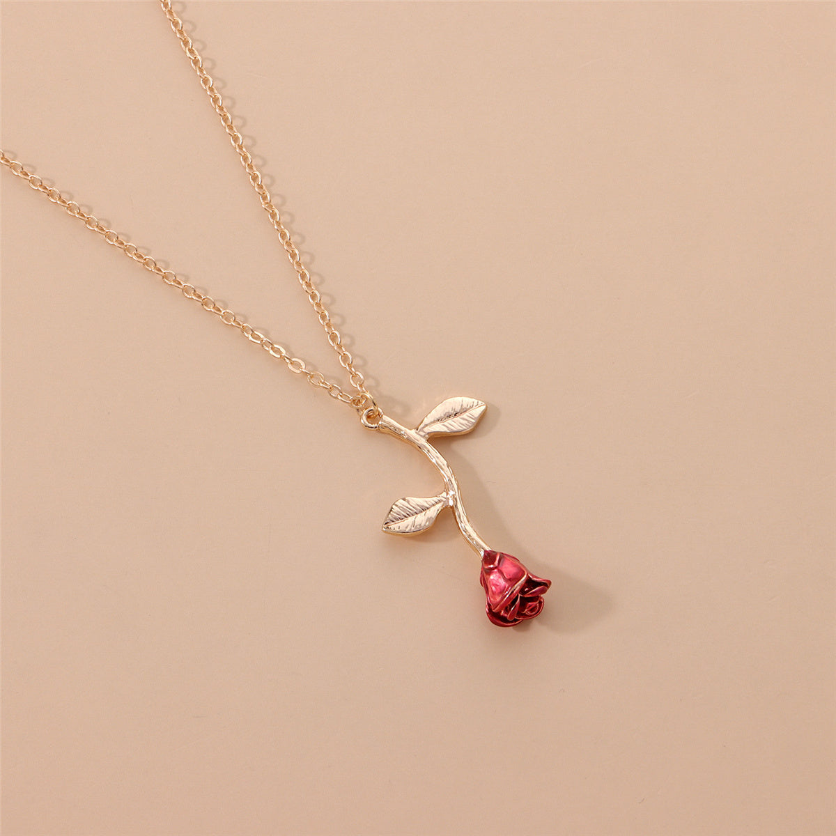 Red Enamel and 18K Gold-Plated Rose Pendant Necklace, gold pendant necklace for women, vintage-inspired design, styled look