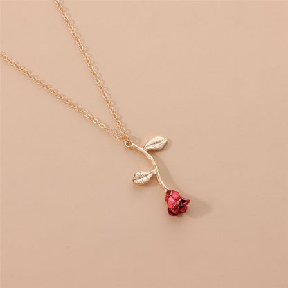 Red Enamel and 18K Gold-Plated Rose Pendant Necklace, gold pendant necklace for women, vintage-inspired design, styled look