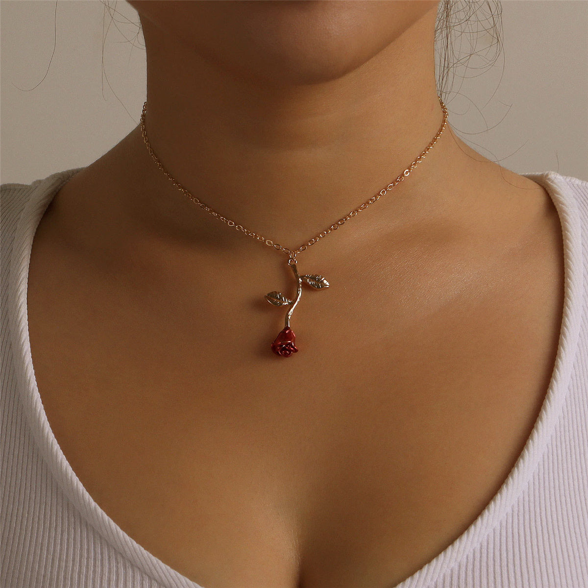 Red Enamel and 18K Gold-Plated Rose Pendant Necklace, gold pendant necklace for women, vintage-inspired design, front view