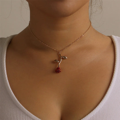 Red Enamel and 18K Gold-Plated Rose Pendant Necklace, gold pendant necklace for women, vintage-inspired design, front view