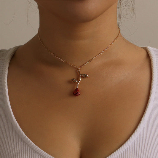 Red Enamel and 18K Gold-Plated Rose Pendant Necklace, gold pendant necklace for women, vintage-inspired design, front view