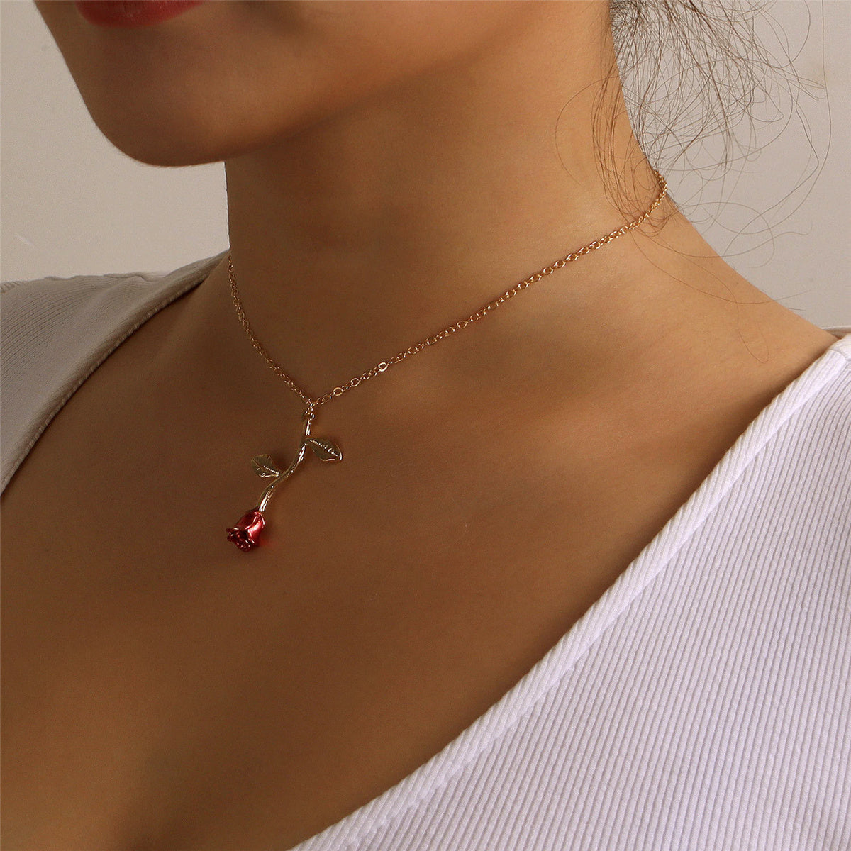 Red Enamel and 18K Gold-Plated Rose Pendant Necklace, gold pendant necklace for women, detail close-up