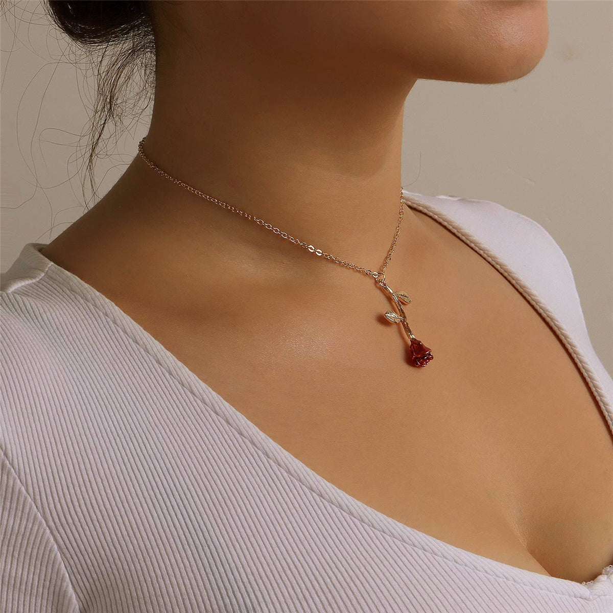 Red Enamel and 18K Gold-Plated Rose Pendant Necklace, gold pendant necklace for women, vintage-inspired design, side view