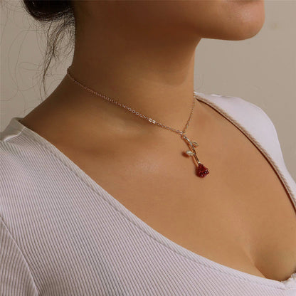 Red Enamel and 18K Gold-Plated Rose Pendant Necklace, gold pendant necklace for women, vintage-inspired design, side view