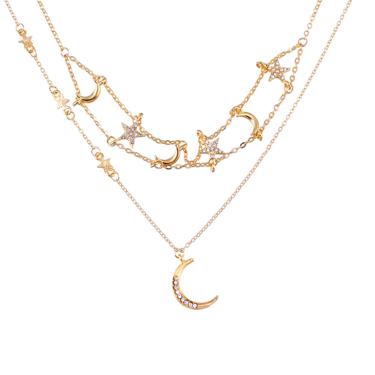 Cubic Zirconia and 18K Gold-Plated Star Moon Layered Pendant Necklace, gold pendant necklace for women, detail close-up