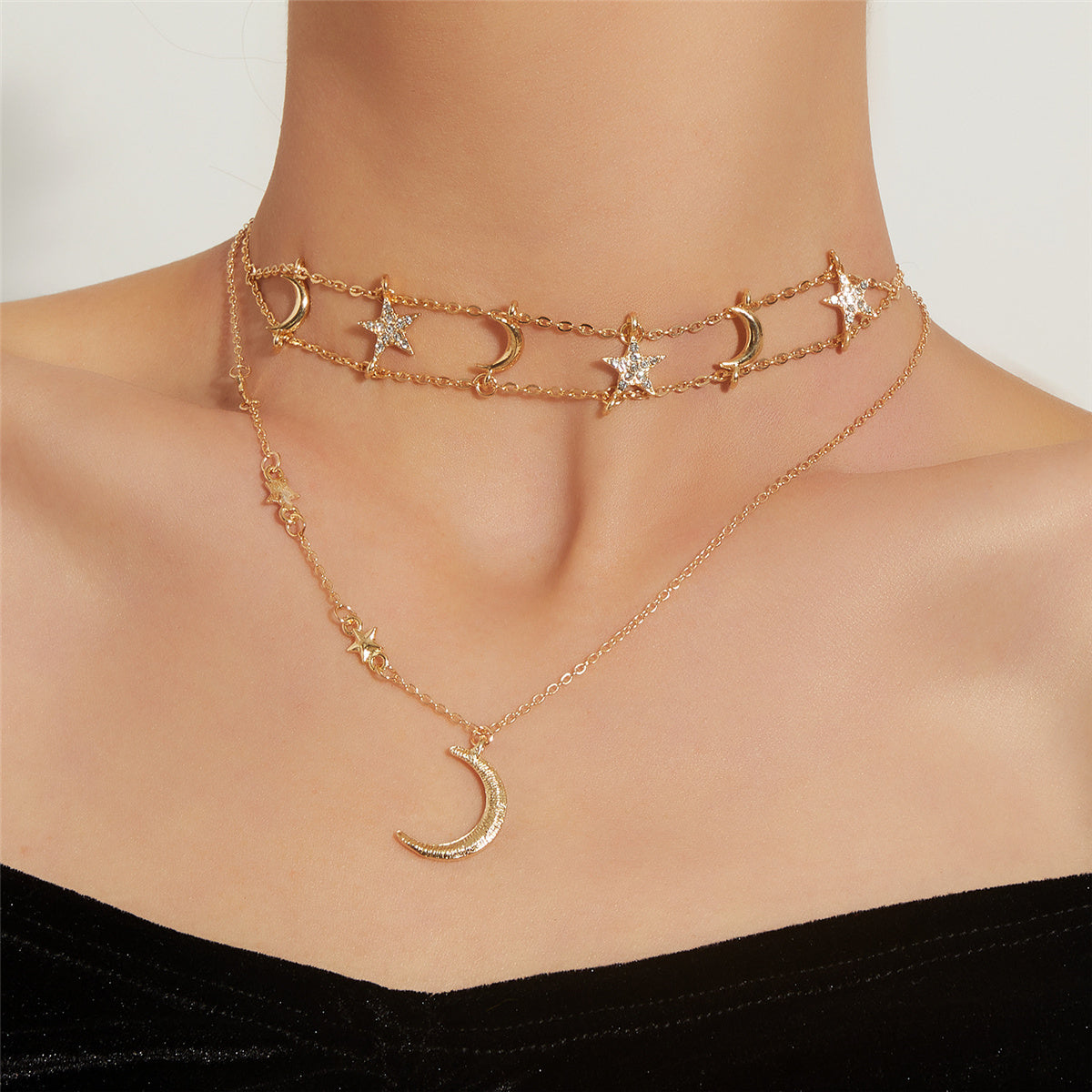 Cubic Zirconia and 18K Gold-Plated Star Moon Layered Pendant Necklace, gold pendant necklace for women, front view