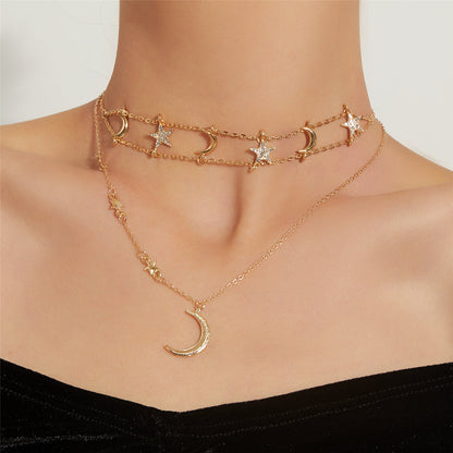Cubic Zirconia and 18K Gold-Plated Star Moon Layered Pendant Necklace, gold pendant necklace for women, front view