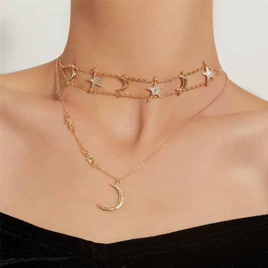 Cubic Zirconia and 18K Gold-Plated Star Moon Layered Pendant Necklace, gold pendant necklace for women, front view