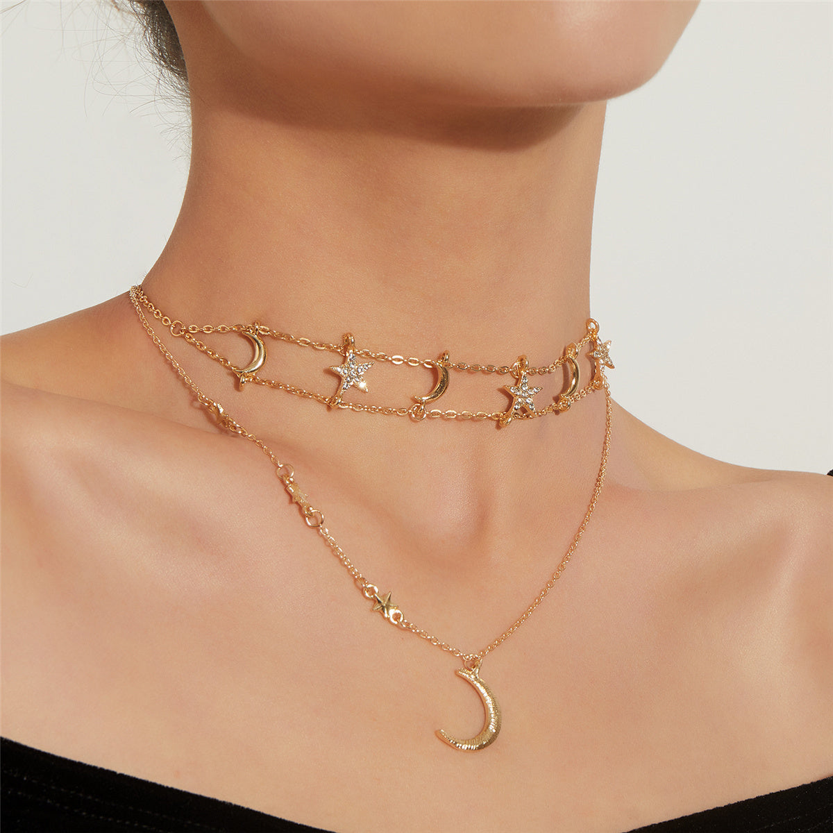 Cubic Zirconia and 18K Gold-Plated Star Moon Layered Pendant Necklace, gold pendant necklace for women, side view