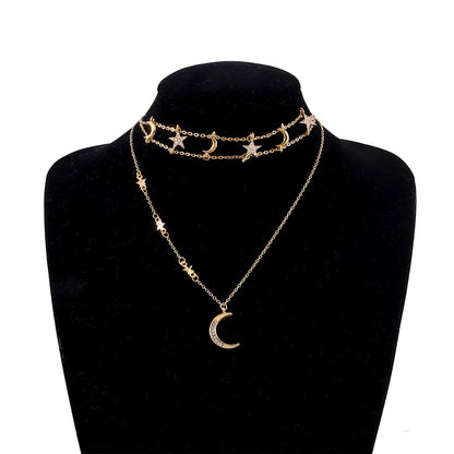 Cubic Zirconia and 18K Gold-Plated Star Moon Layered Pendant Necklace, gold pendant necklace for women, lifestyle look