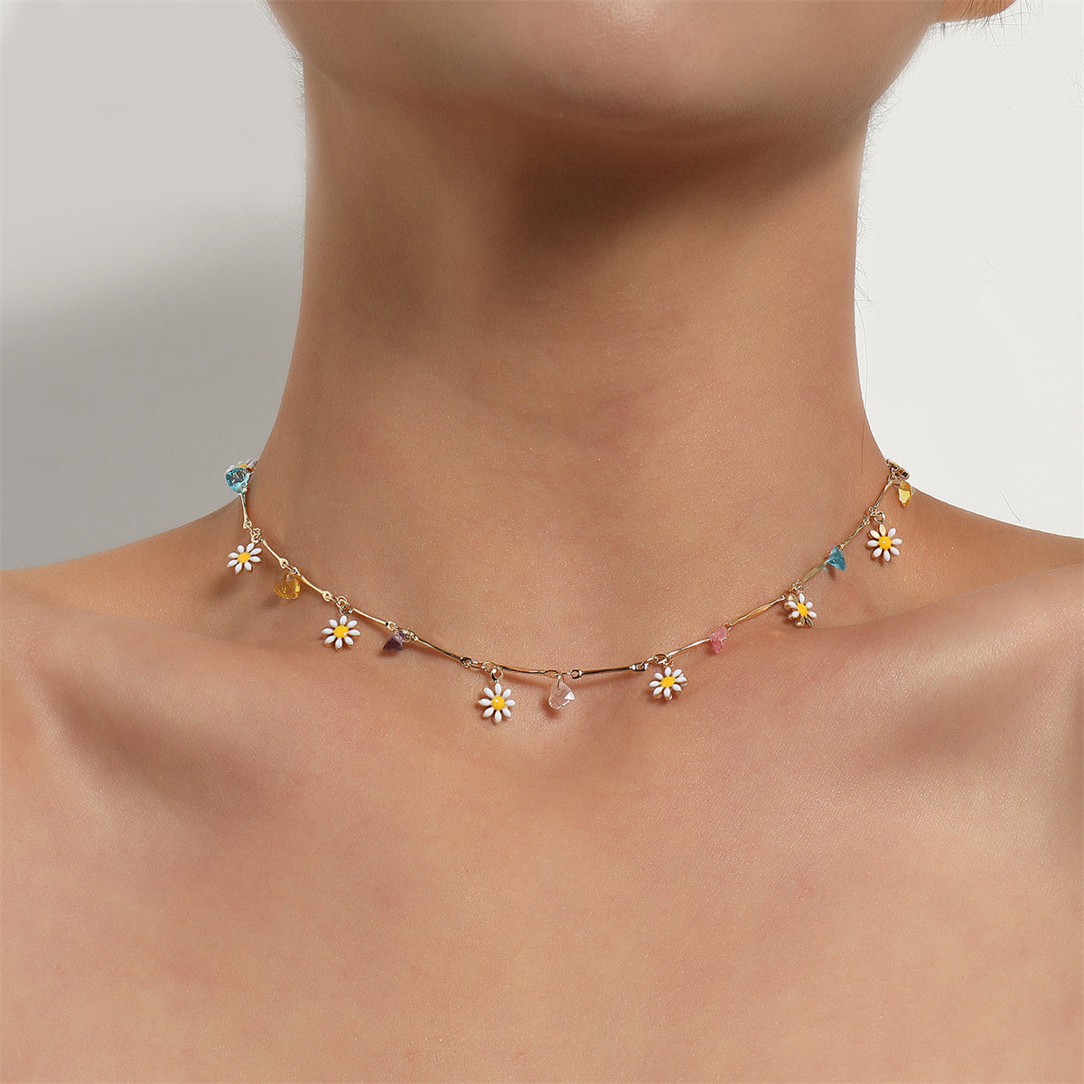 Multicolor Crystal and 18K Gold-Plated Flower Heart Station Collar Necklace, gold pendant necklace for women, front view