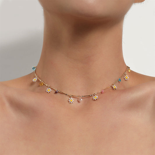 Multicolor Crystal and 18K Gold-Plated Flower Heart Station Collar Necklace, gold pendant necklace for women, front view