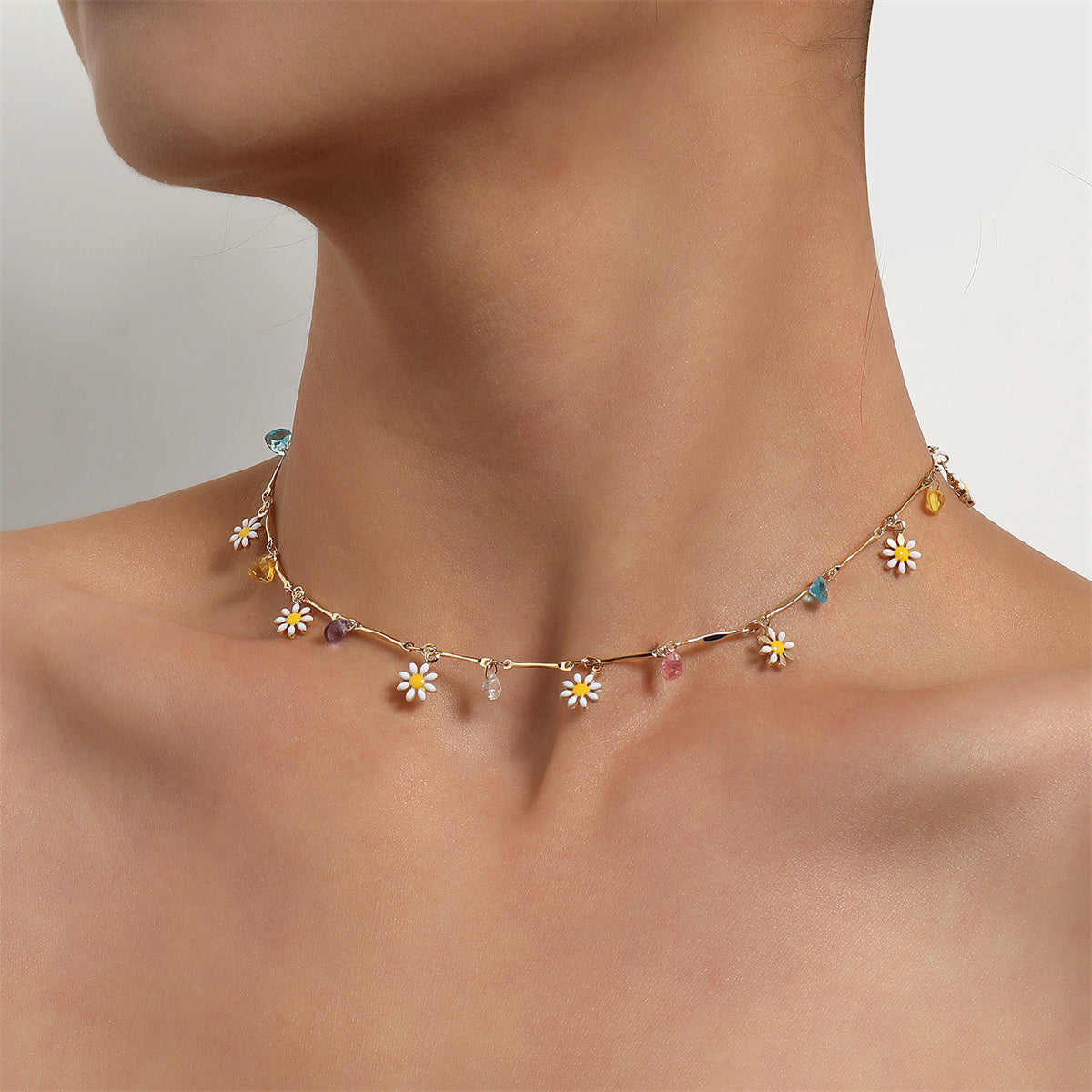 Multicolor Crystal and 18K Gold-Plated Flower Heart Station Collar Necklace, gold pendant necklace for women, side view
